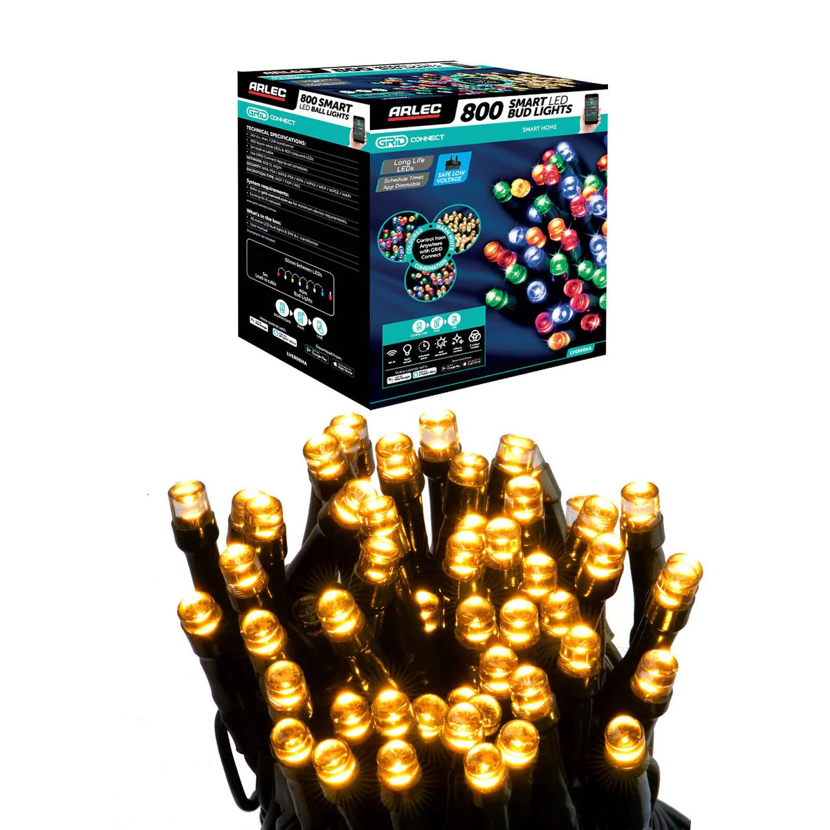 Arlec Smart 800 LED Bud Lights 39.9m - Multi Colour & Warm White - App Control