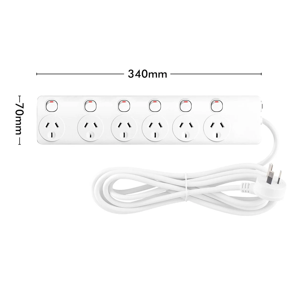 Arlec White 6 Outlet Powerboard 1.8m - Individually Switched - Overload Protection - Image 4