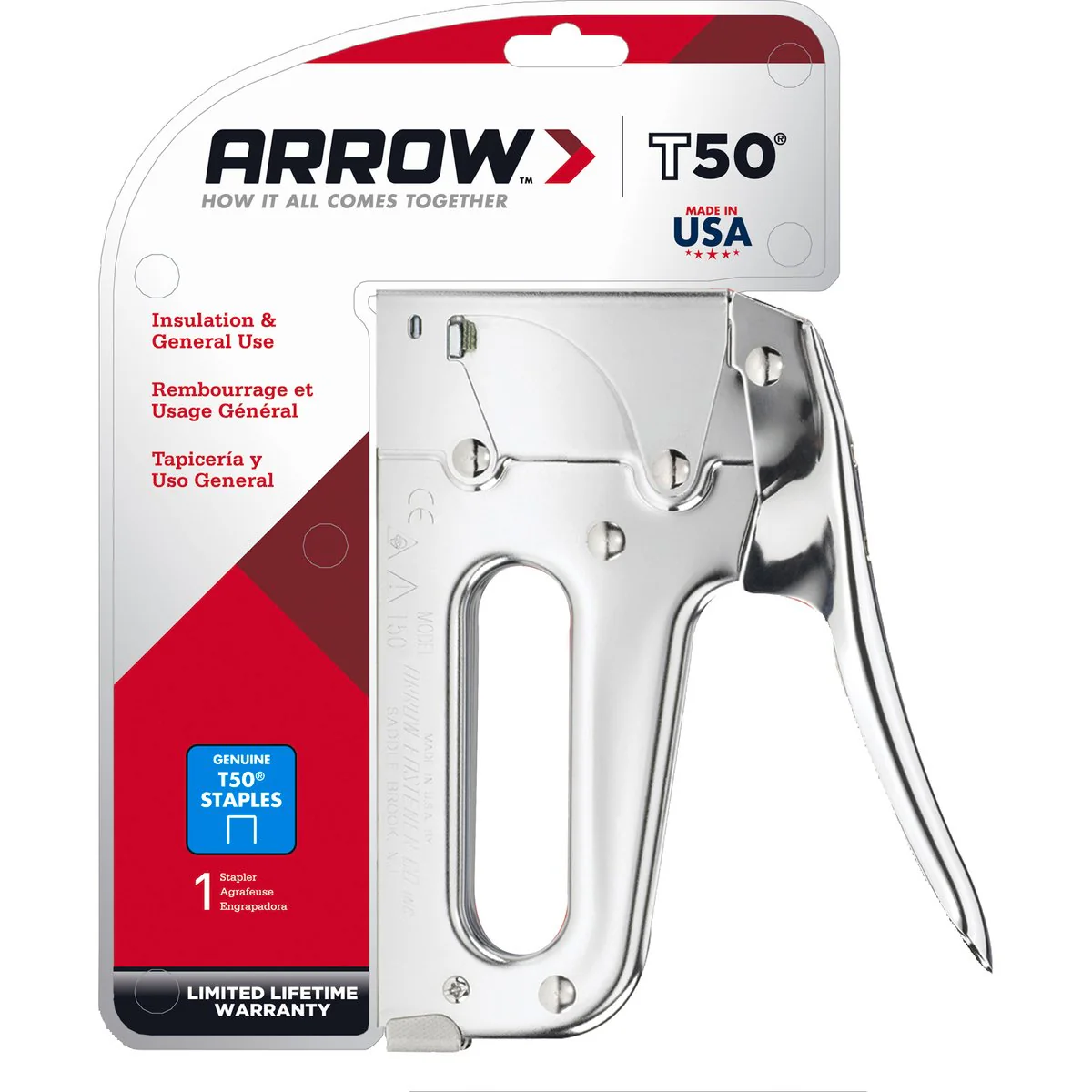 Arrow T50 Heavy Duty Staple Gun - All Steel - Chrome - 178mm x 216mm x 38mm - Image 3