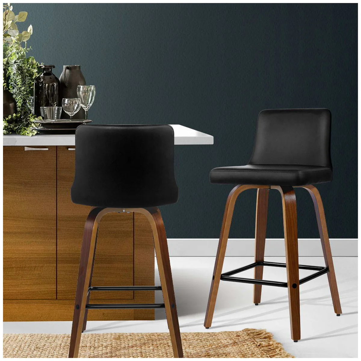 Artiss Felipe Barstool 2 Pack Black Walnut Swivel PU Leather Wood Stylish - Image 3
