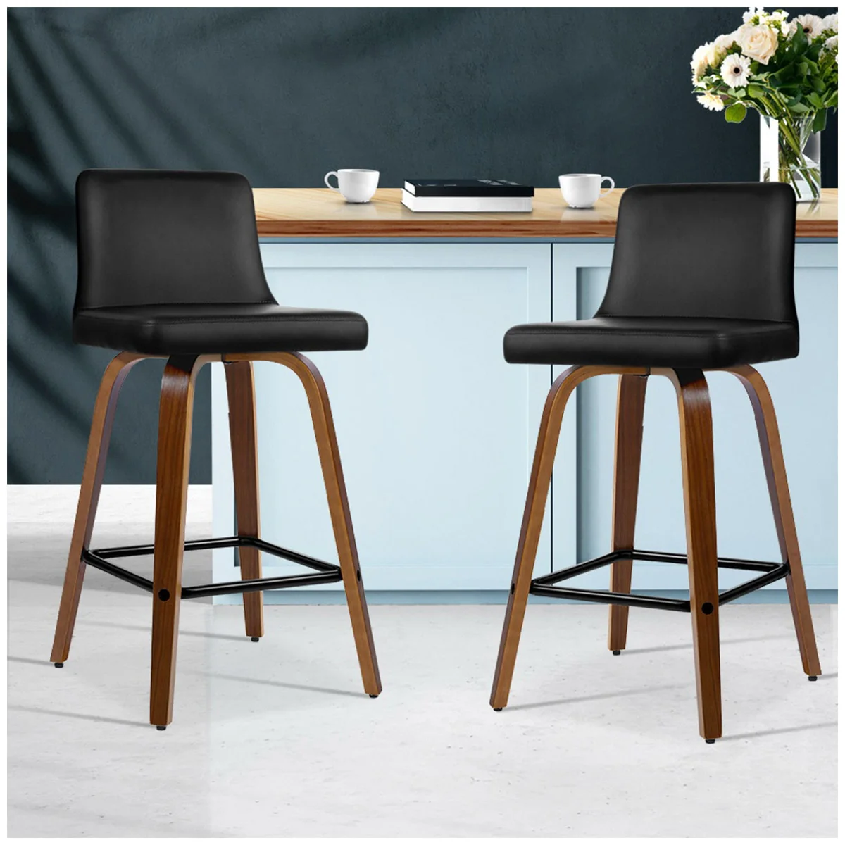Artiss Felipe Barstool 2 Pack Black Walnut Swivel PU Leather Wood Stylish - Image 4