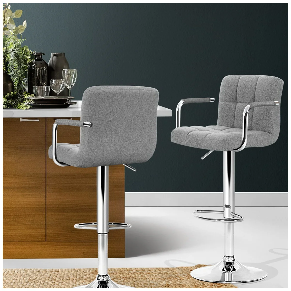 Artiss Gaslift Swivel Barstool 2 Pack Grey Linen Steel Chrome Durable - Image 3