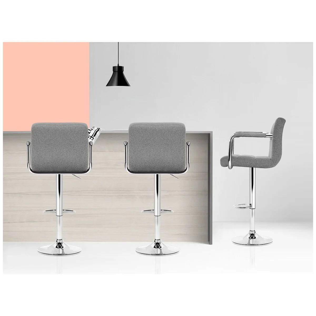 Artiss Gaslift Swivel Barstool 2 Pack Grey Linen Steel Chrome Durable - Image 4