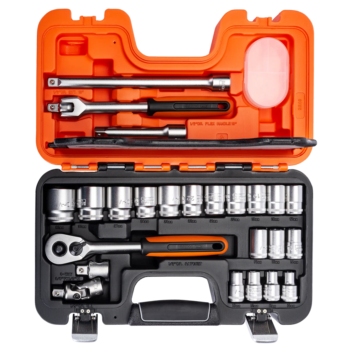Bahco 1/2" Square Drive Socket Set - 18 Metric Hex Sockets 10-32mm