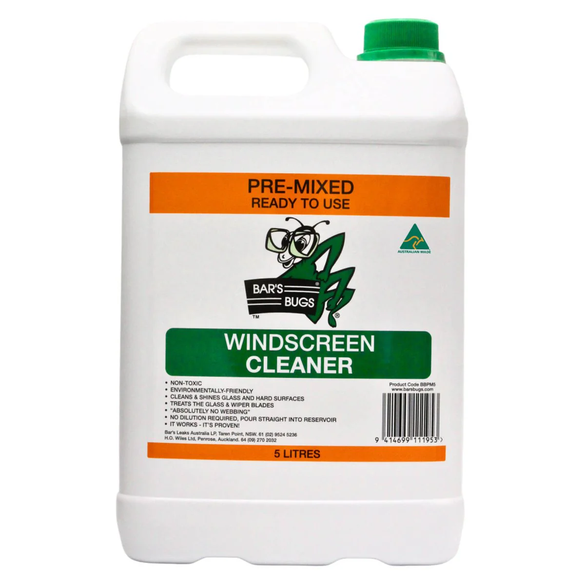 Bar S Bugs 5L Pre Mix Windscreen Cleaner - Green - Effective Grime Removal