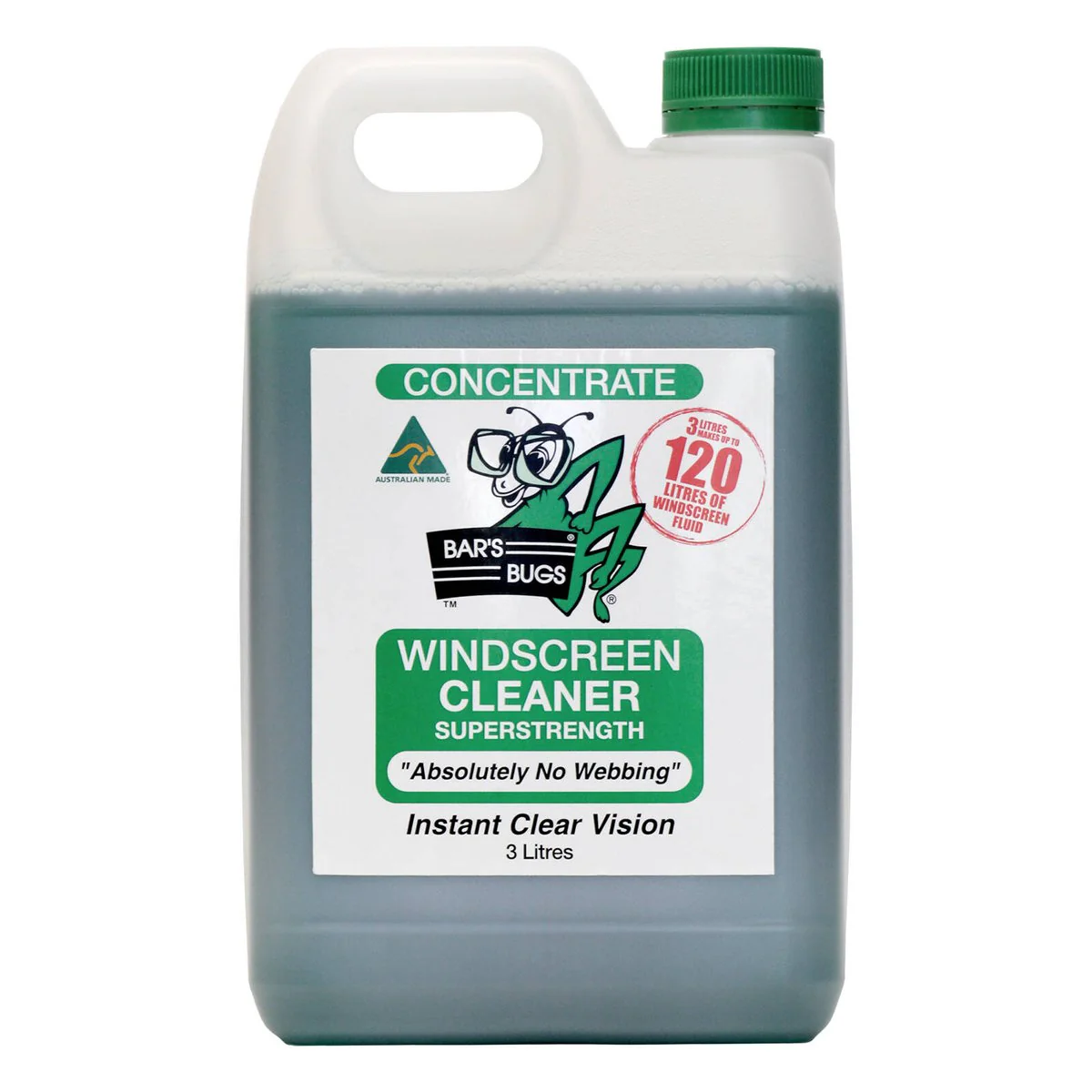 Bar S Bugs Windscreen Cleaner Concentrate 3L - Non-Toxic - Green - 120L Fluid