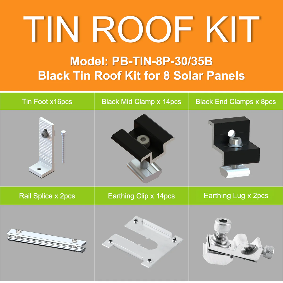 Black Tin Kit 30 35mm - Solar Panel Mounting Kit for 8 Panels - Black - Image 2
