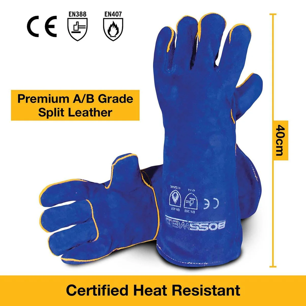 Bossweld 16 Blue Welding Gloves - Heavy Duty Gauntlet - 40cm Length - Image 4