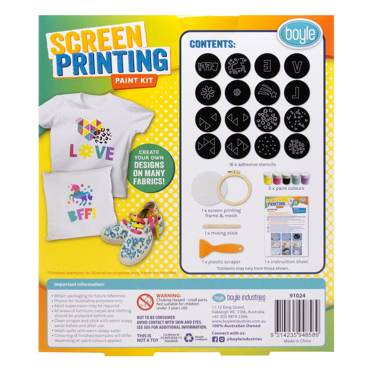 Boyle DIY Screen Printing Paint Kit - 5 Paint Colours - 16 Stencils - 200mm x 230mm - Image 4