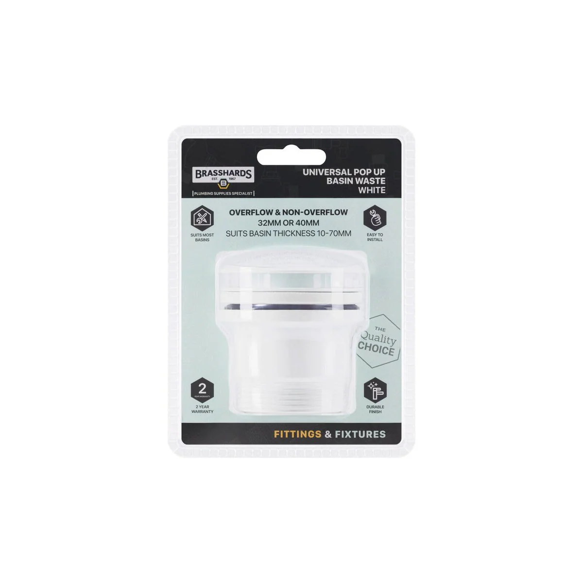 Brasshards White Universal Pop Up Dome Basin Waste - 40mm Thread - Durable Design - Image 3