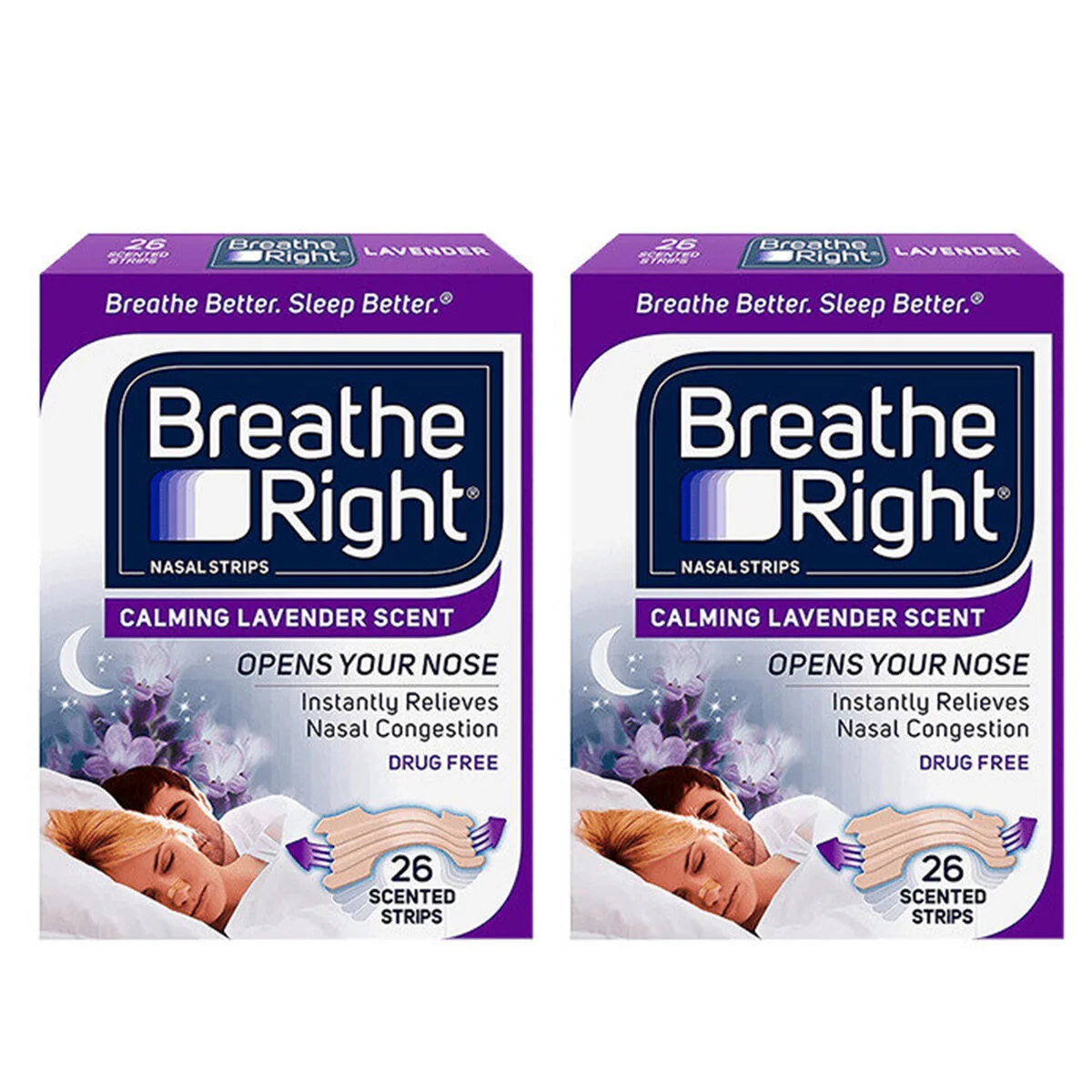 Breathe Right Calming Lavender Nasal Strips 2 x 26 BRLAV52 Flexible Bands