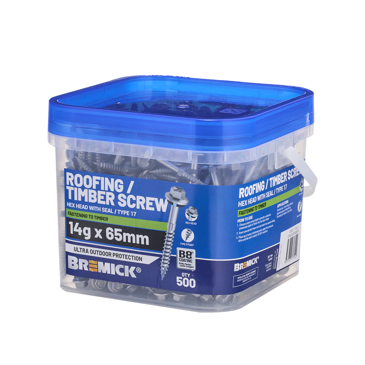 Bremick 14g x 65mm B8 Hex Roofing Screw - 500 Pack - Watertight Seal