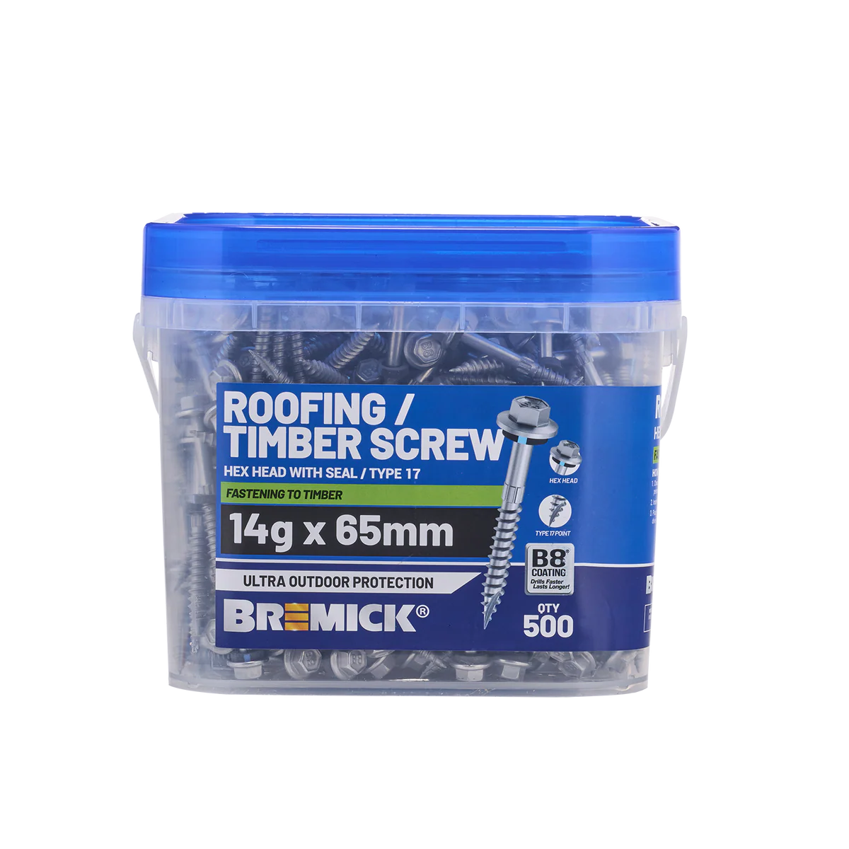 Bremick 14g x 65mm B8 Hex Roofing Screw - 500 Pack - Watertight Seal - Image 2