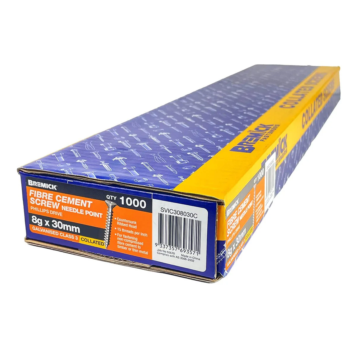 Bremick Collated Screw 8g x 30mm Galvanised - 1000 Pack - Fibre Cement