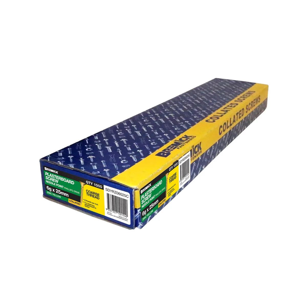 Bremick Collated Screws - 6g x 25mm - Zinc Yellow - 1000 Pack - Coarse Thread - Image 2