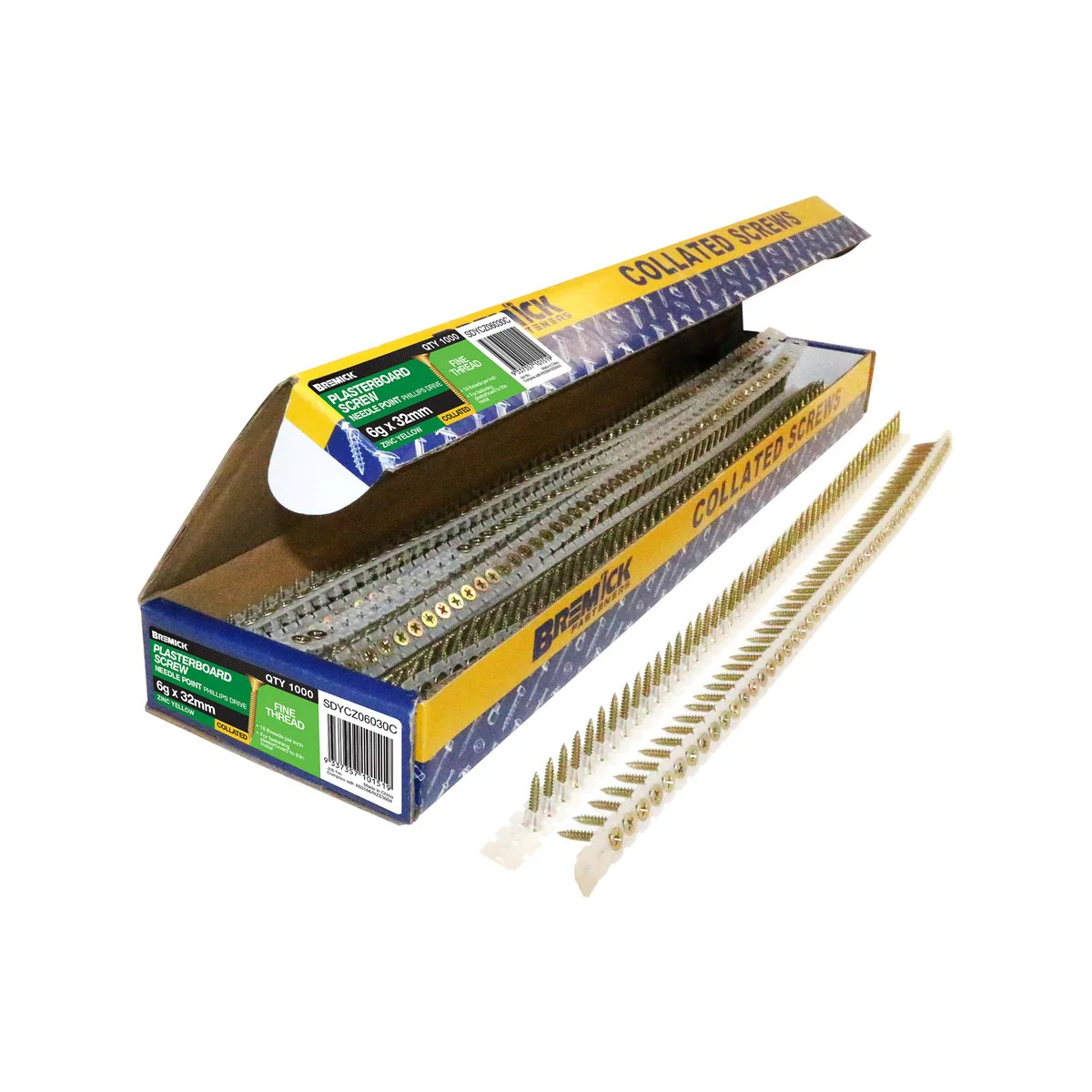 Bremick Collated Screws - 6g x 32mm - Zinc Yellow - 1000 Pack - Fine Thread