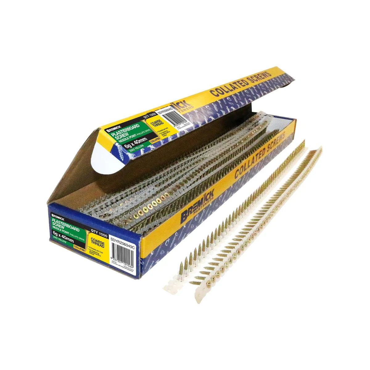 Bremick Collated Screws - 6g x 40mm - Zinc Yellow - 1000 Pack - Coarse Thread