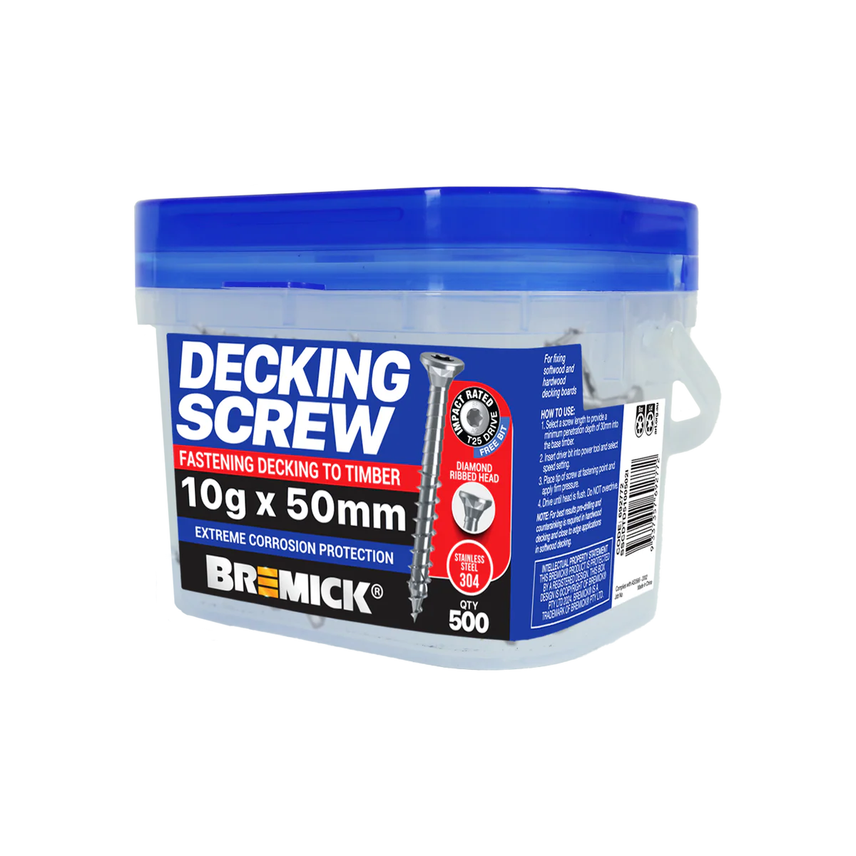 Bremick Decking Screw 10g x 50mm - Stainless Steel 304 - 500 Pack - T25 Drive