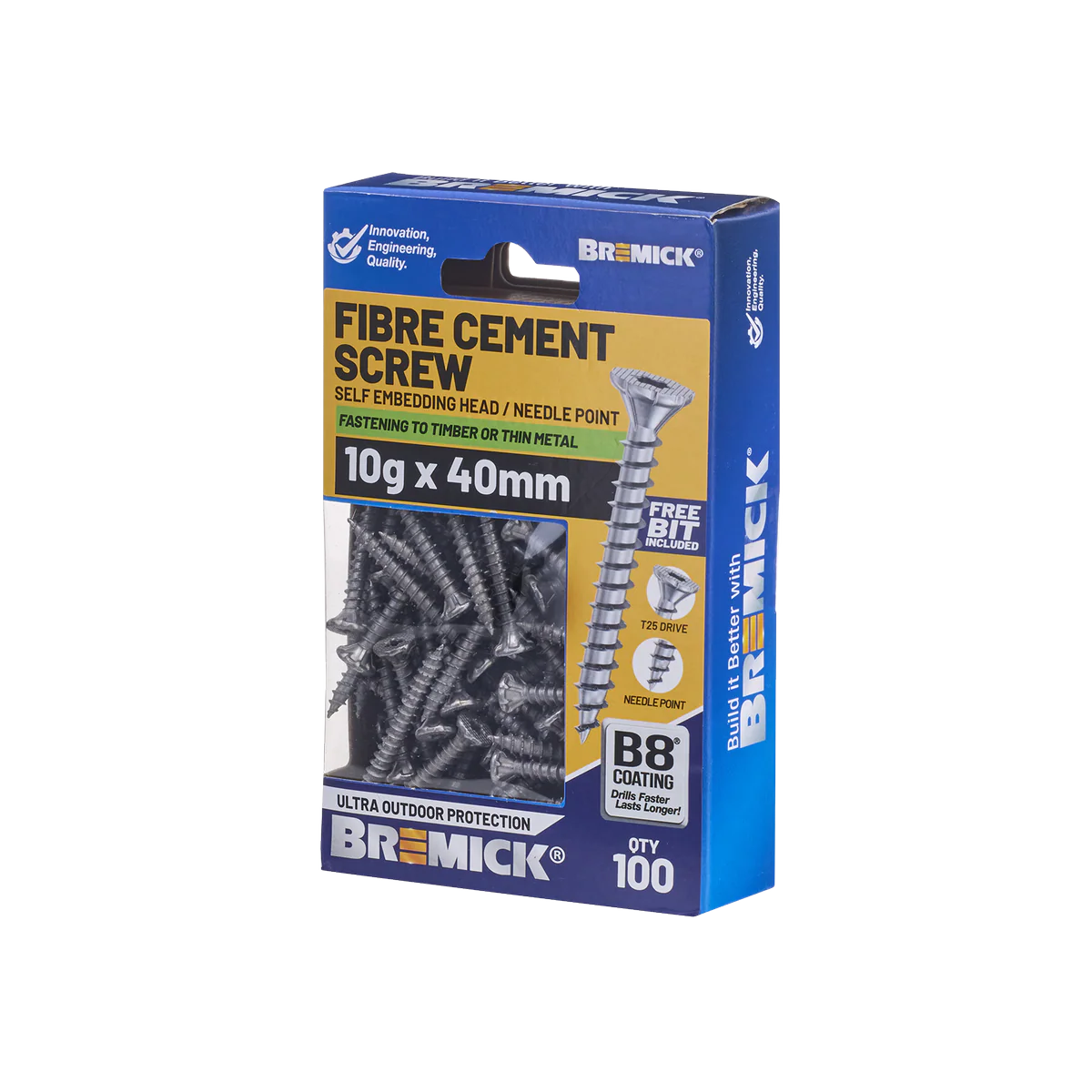 Bremick Fibre Cement Screw 10g x 40mm T25 B8 - 100 Pack - High Corrosion Resistance