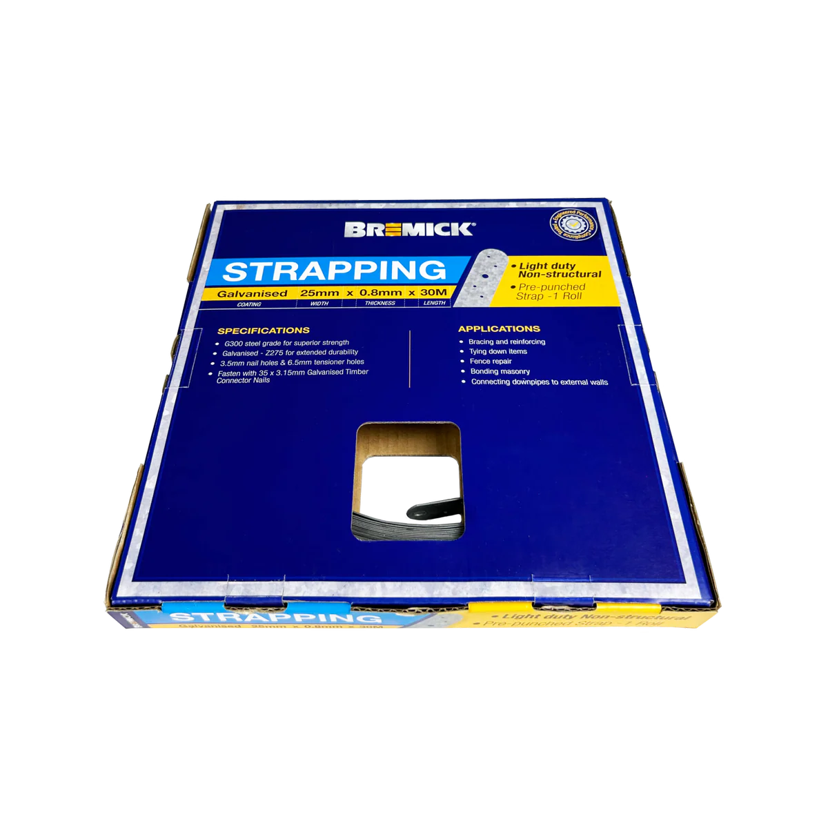 Bremick Galvanised Strapping 25mm x 0.8mm x 30 Metres - Pre-Punched, Durable