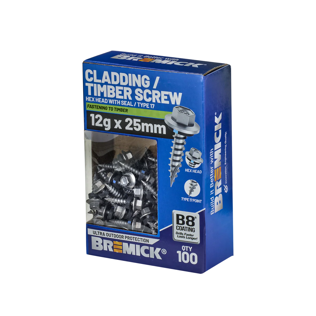 Bremick Hex Cladding Screw 12g x 25mm - 100 Pack - Corrosion Resistant