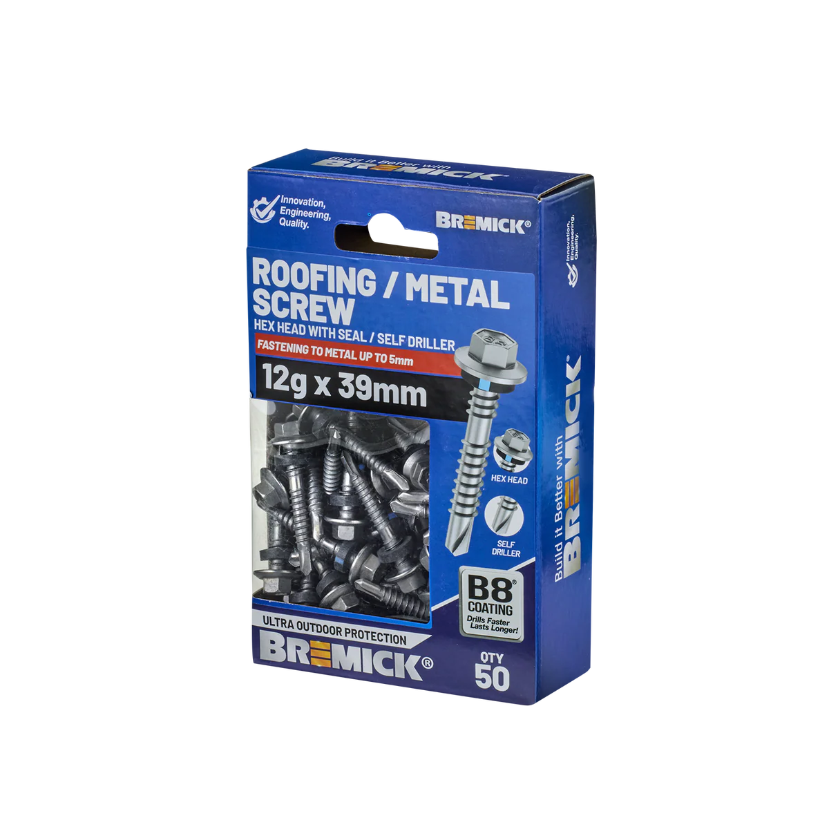 Bremick Hex Roofing Screw 12g x 39mm - B8 Coating - Pack of 50 - Watertight
