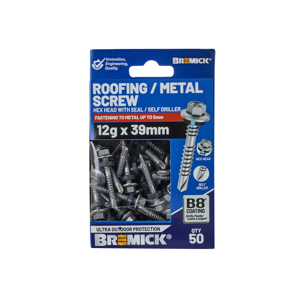 Bremick Hex Roofing Screw 12g x 39mm - B8 Coating - Pack of 50 - Watertight - Image 2