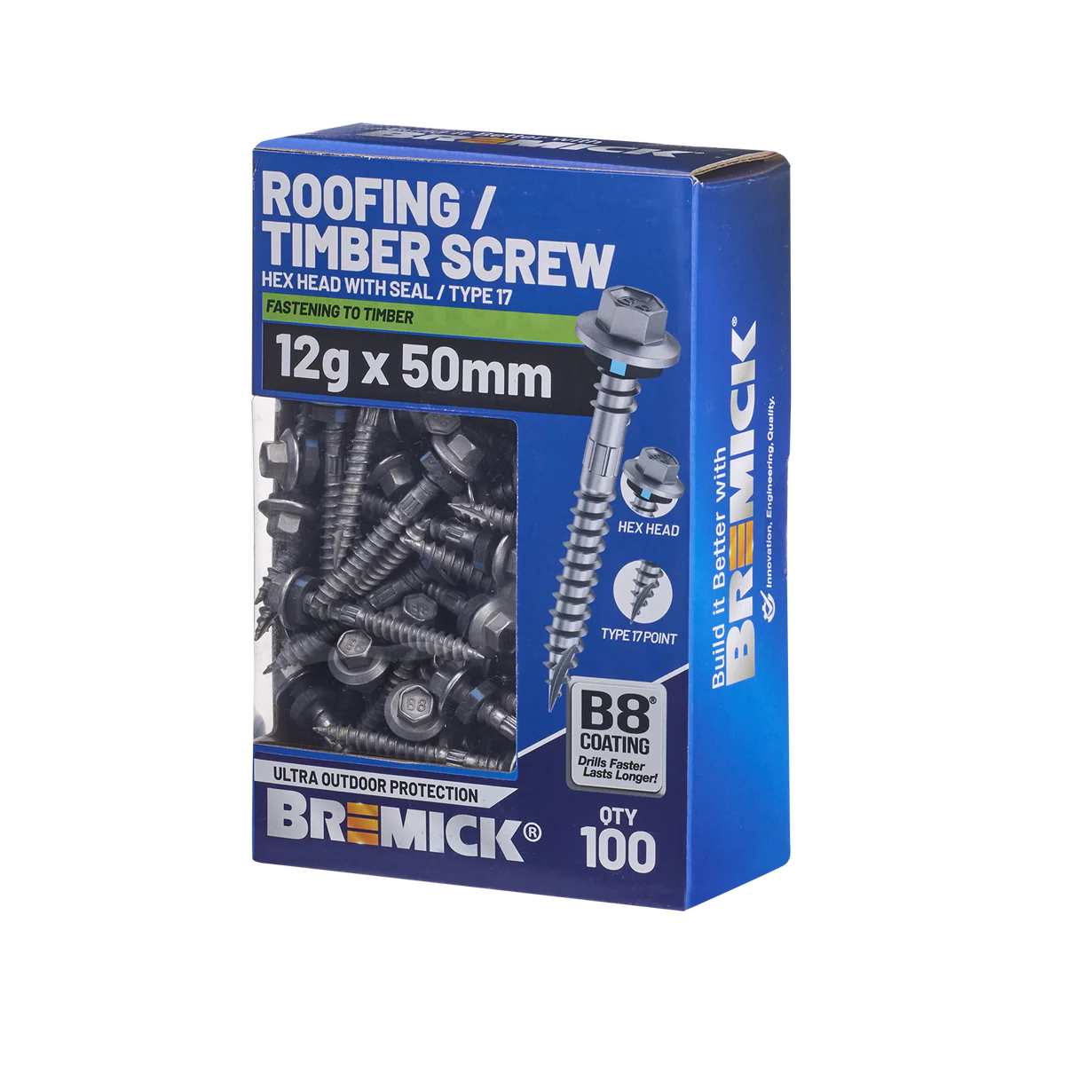 Bremick Hex Roofing Screw - 12g x 50mm - B8 Coating - 100 Pack - Corrosion Resistant