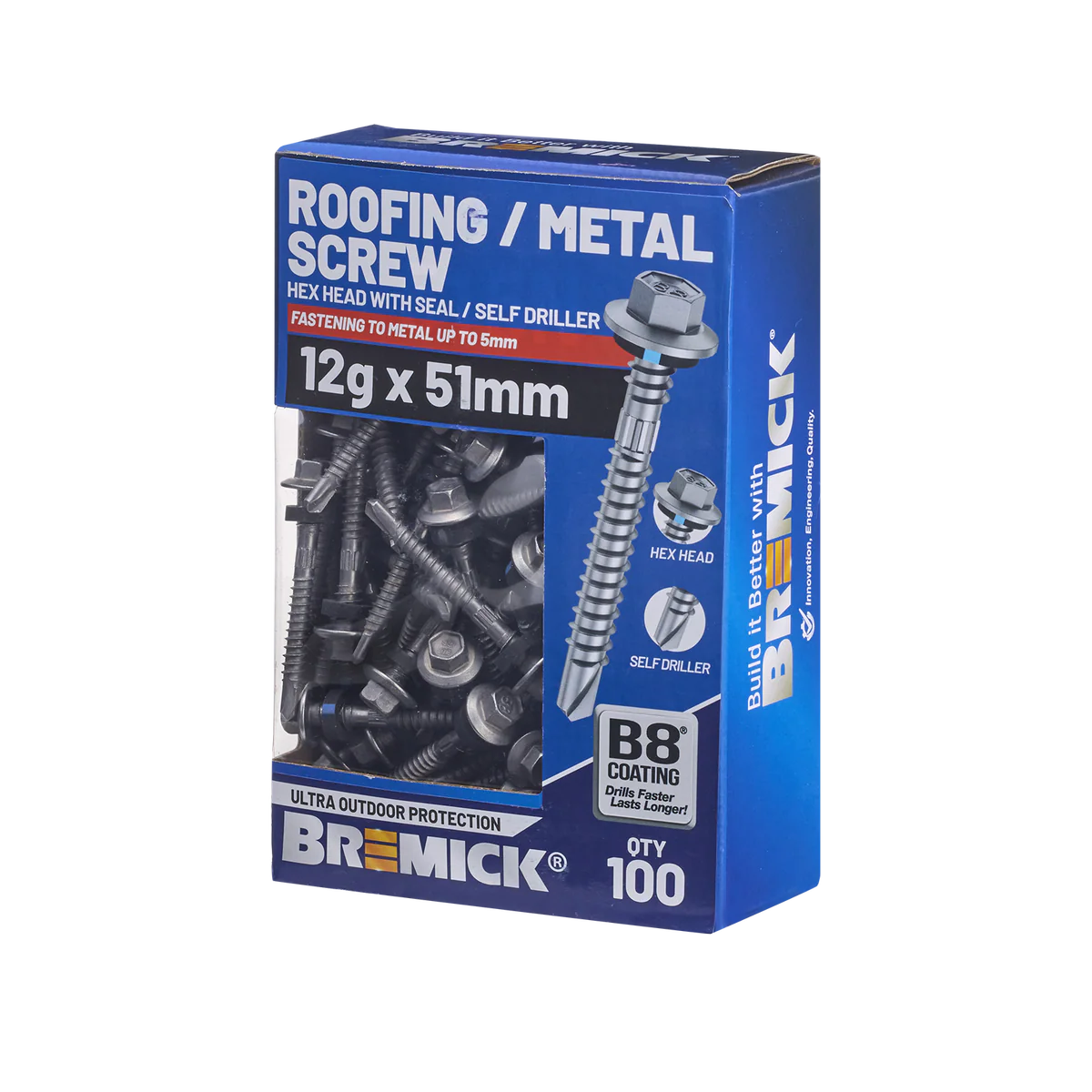 Bremick Hex Roofing Screw 12g x 51mm - Box of 100 - Watertight Seal - Corrosion Resistant