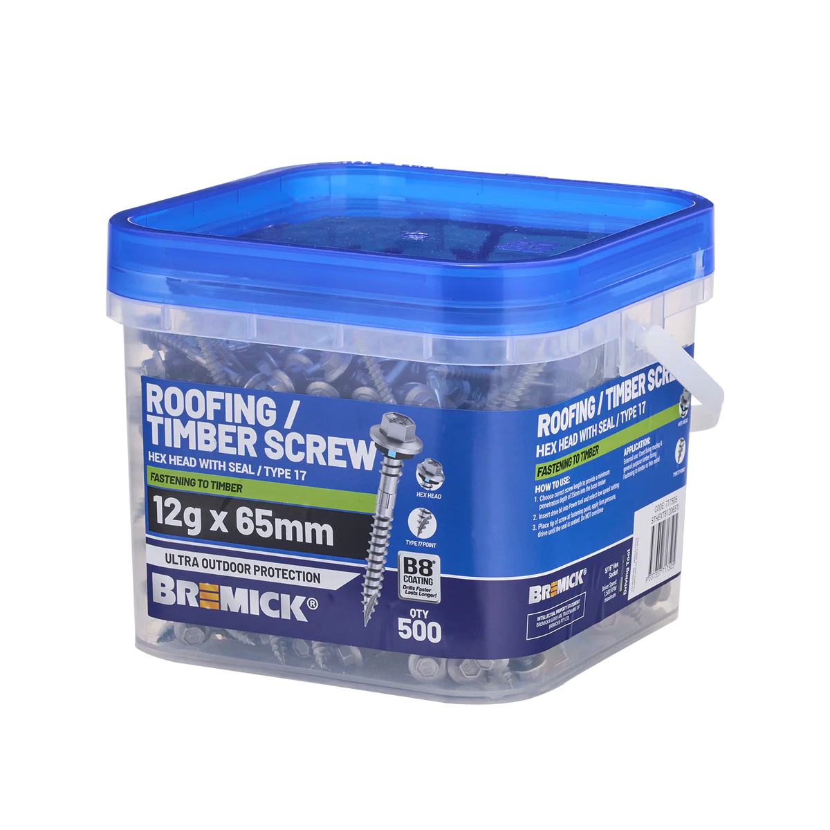 Bremick Hex Roofing Screw 12g x 65mm - Box of 500 - Watertight Seal - Corrosion Resistant