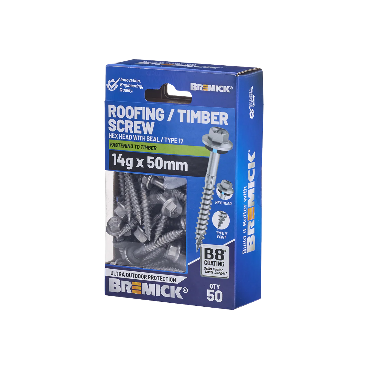 Bremick Hex Roofing Screw 14g x 50mm - Box of 50 - Watertight Seal - Corrosion Resistant