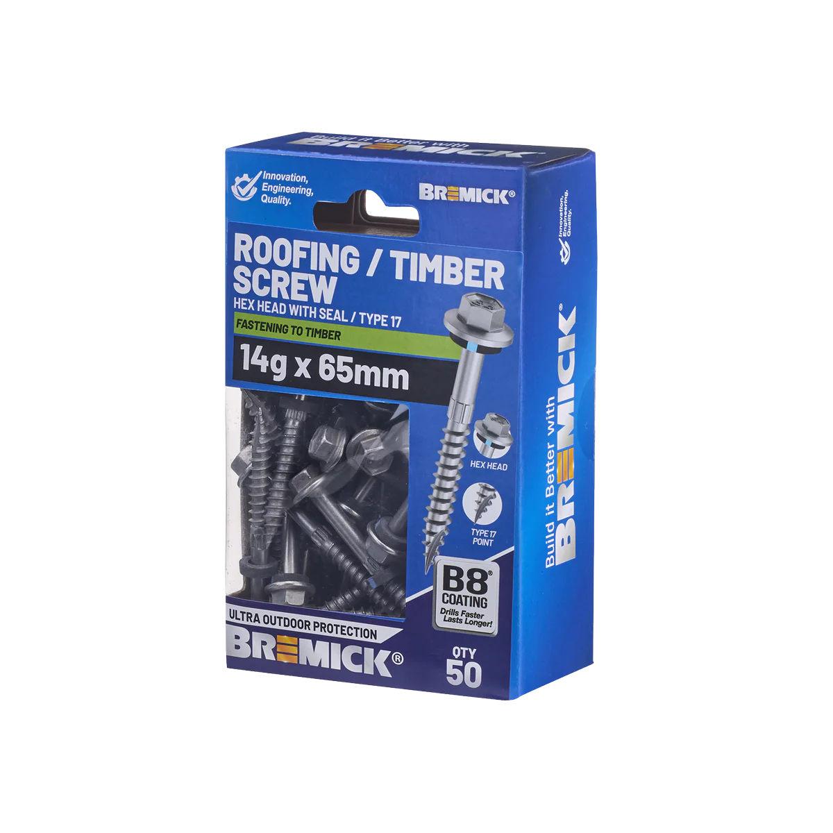 Bremick Hex Roofing Screw 14g x 65mm - 50 Pack - Watertight - Corrosion Resistant