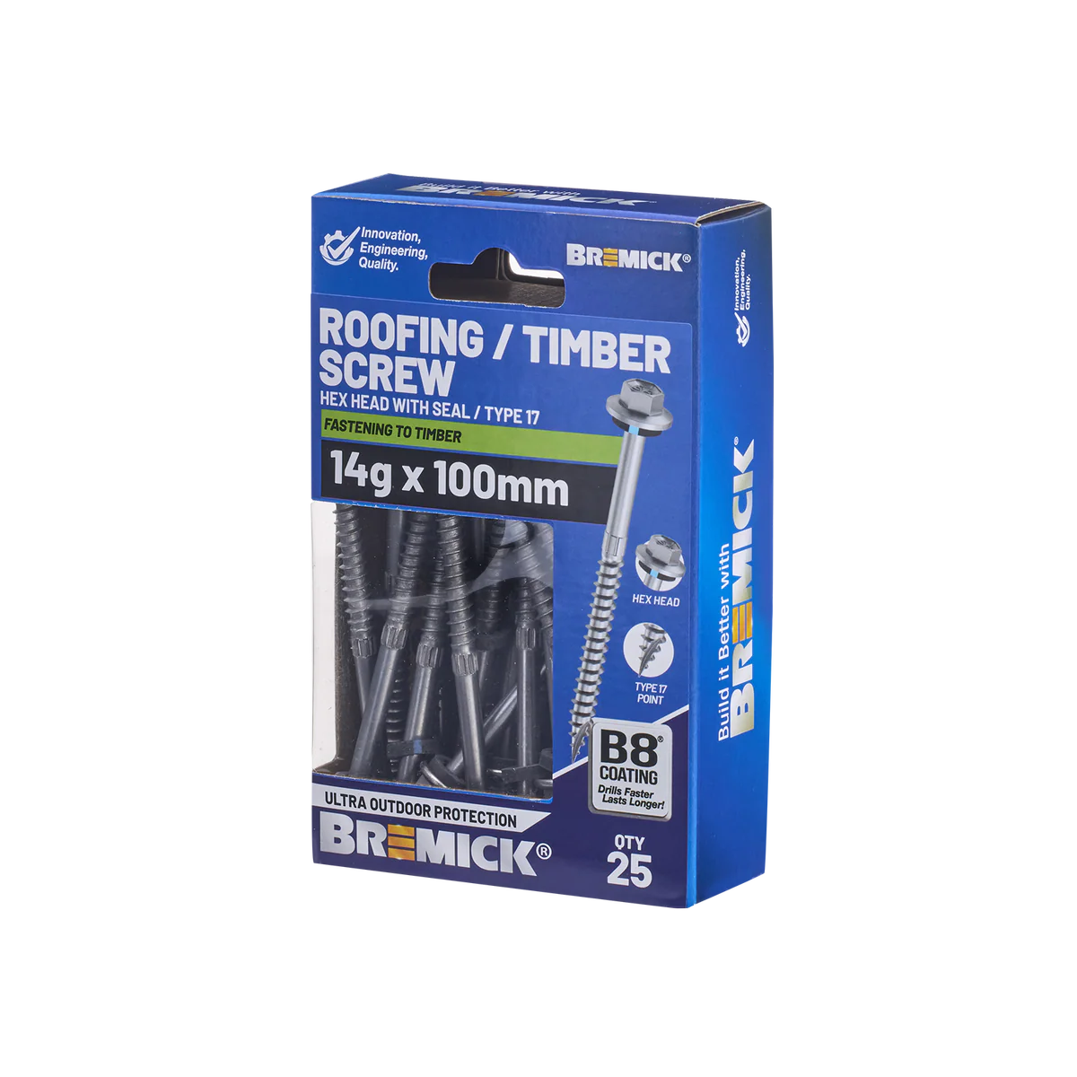 Bremick Hex Timber Screw 14g x 100mm - Box of 25 - Corrosion Resistant