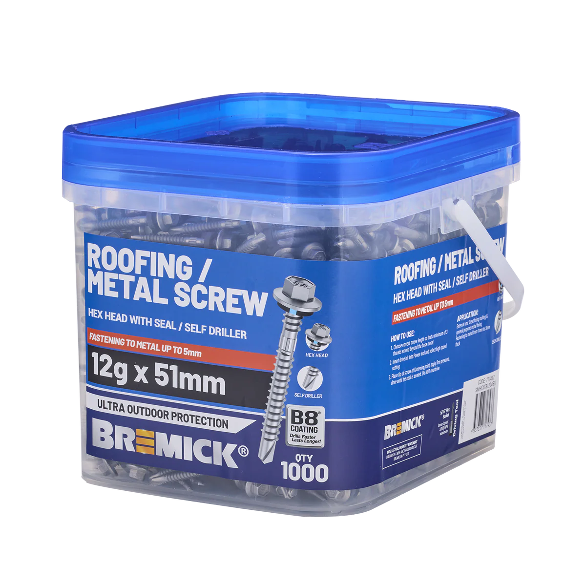 Bremick Metal Hex Screw 12g x 51mm - Box of 1000 - Watertight Seal - Corrosion Resistant