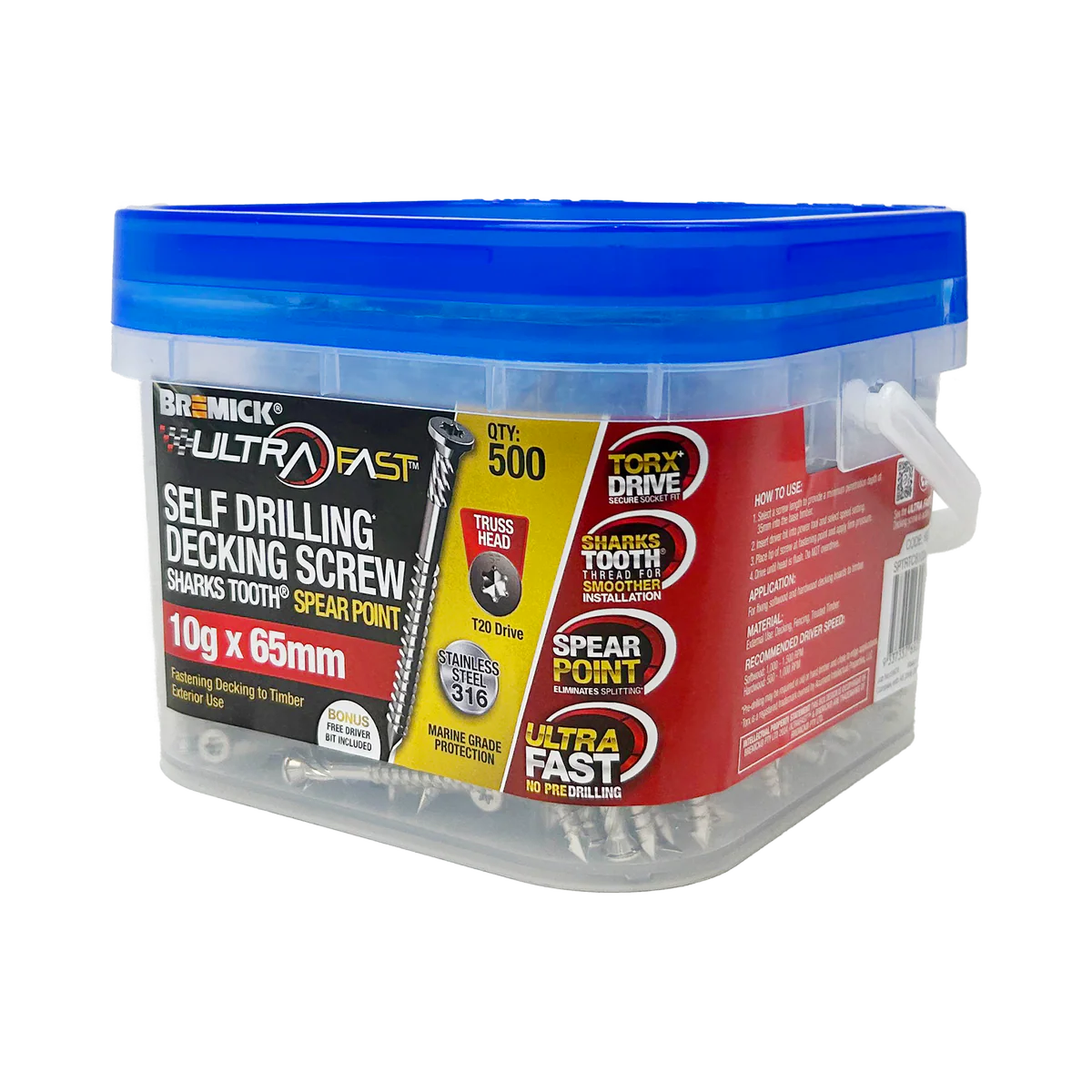 Bremick Ultrafast Stainless Steel 316 T20 Truss Head Screws 10g x 65mm - 500 Pack - Quick Installation - Flush Finish
