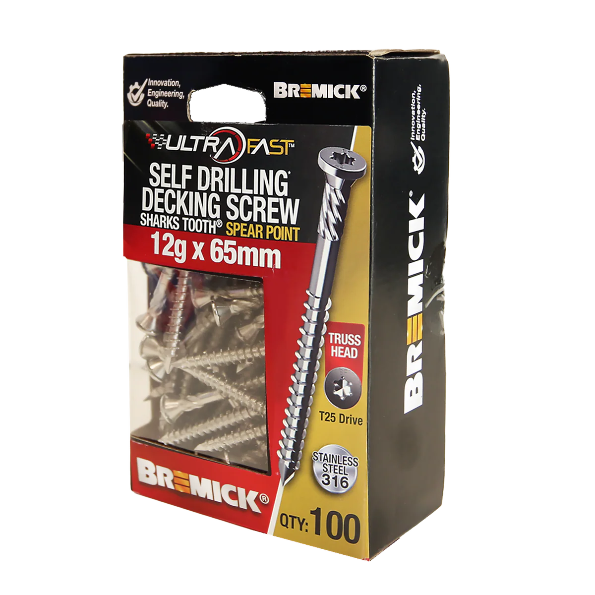 Bremick Ultrafast Stainless Steel 316 T25 Truss Head Screws 100 Pack - 12g x 65mm - Quick Installation