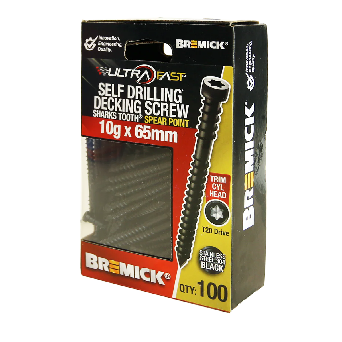 Bremick Ultrafast Trim Head Screws - 10g x 65mm - Black - 100 Pack - Stainless Steel 304 - Smooth Installation