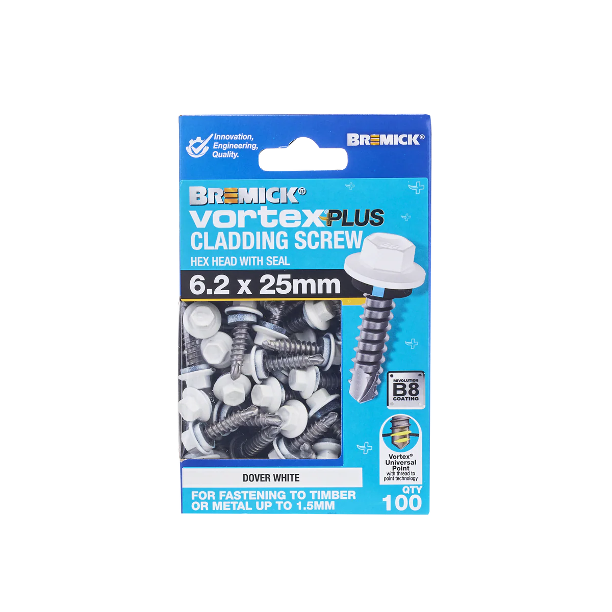 Bremick Vortex Plus Cladding Screw 6.2 x 25mm - Hex B8 - Dover White - Box of 100 - Watertight Seal - Full Thread Design - Image 2