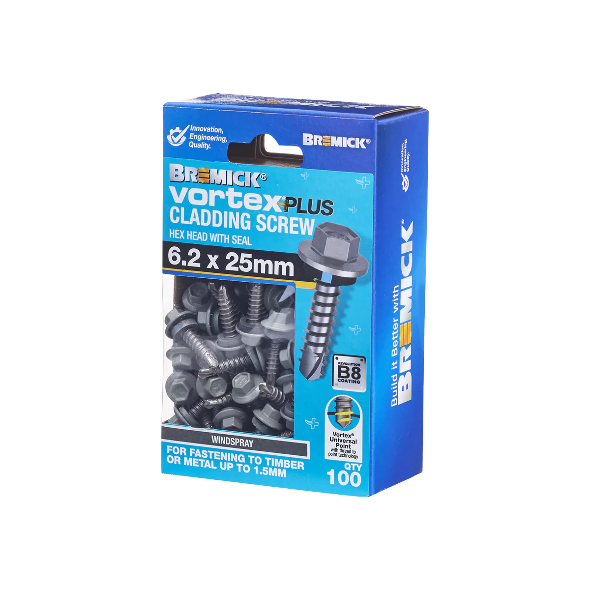 Bremick Vortex Plus Cladding Screw 6.2 x 25mm - Hex Head - Box of 100 - B8 Coating - Watertight Connection
