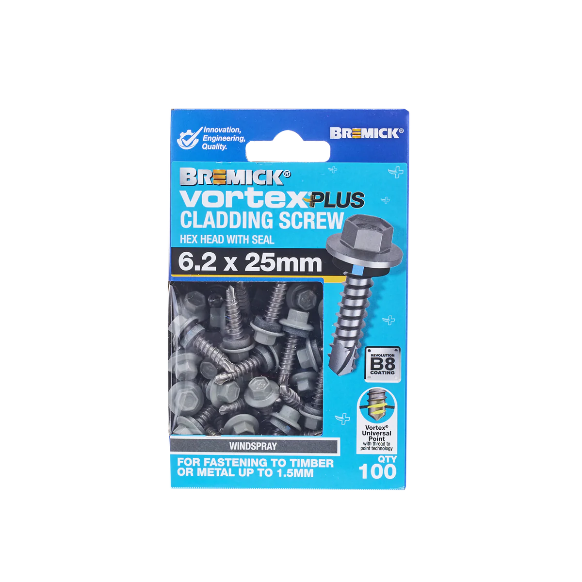 Bremick Vortex Plus Cladding Screw 6.2 x 25mm - Hex Head - Box of 100 - B8 Coating - Watertight Connection - Image 2