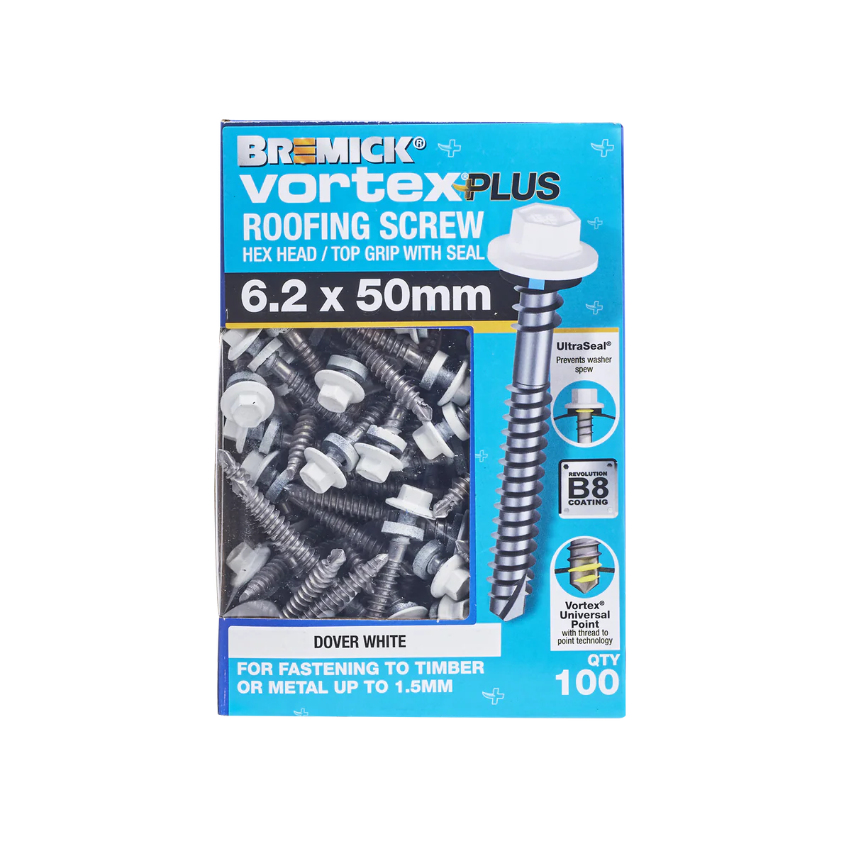 Bremick Vortex Plus Roofing Screw 6.2 x 50mm - Hex B8 - Box of 100 - Watertight - Image 2