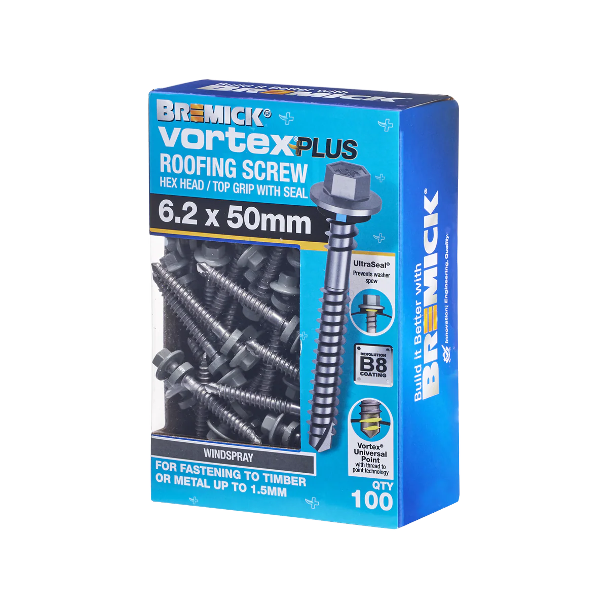 Bremick Vortex Plus Roofing Screw 6.2 x 50mm - Hex B8 - Box of 100 - Watertight Connection