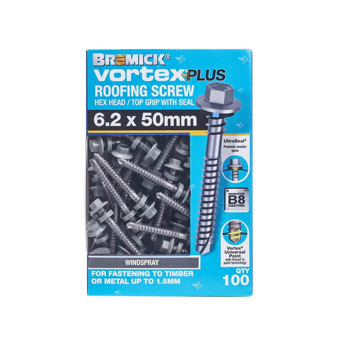 Bremick Vortex Plus Roofing Screw 6.2 x 50mm - Hex B8 - Box of 100 - Watertight Connection - Image 2