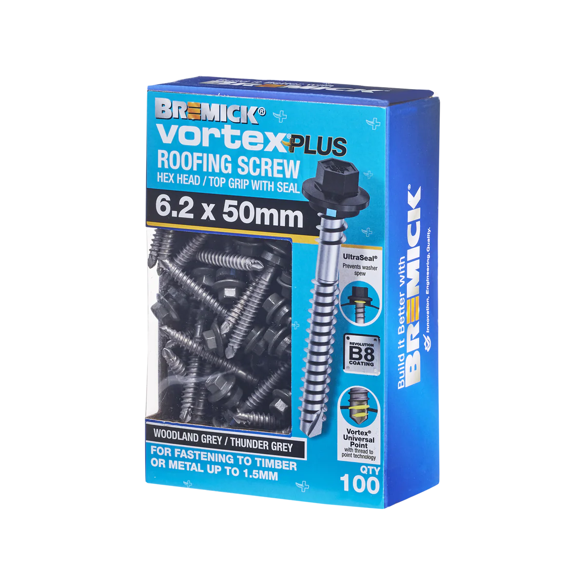 Bremick Vortex Plus Roofing Screw 6.2 x 50mm - Hex B8 Coating - Box of 100 - Watertight Connection