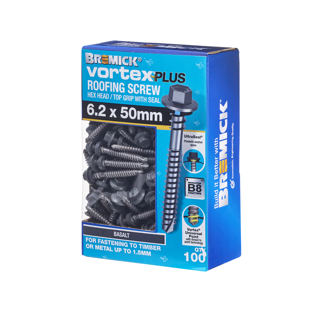 Bremick Vortex Plus Roofing Screw 6.2 x 50mm - Hex Head - Box of 100 - Watertight Connection