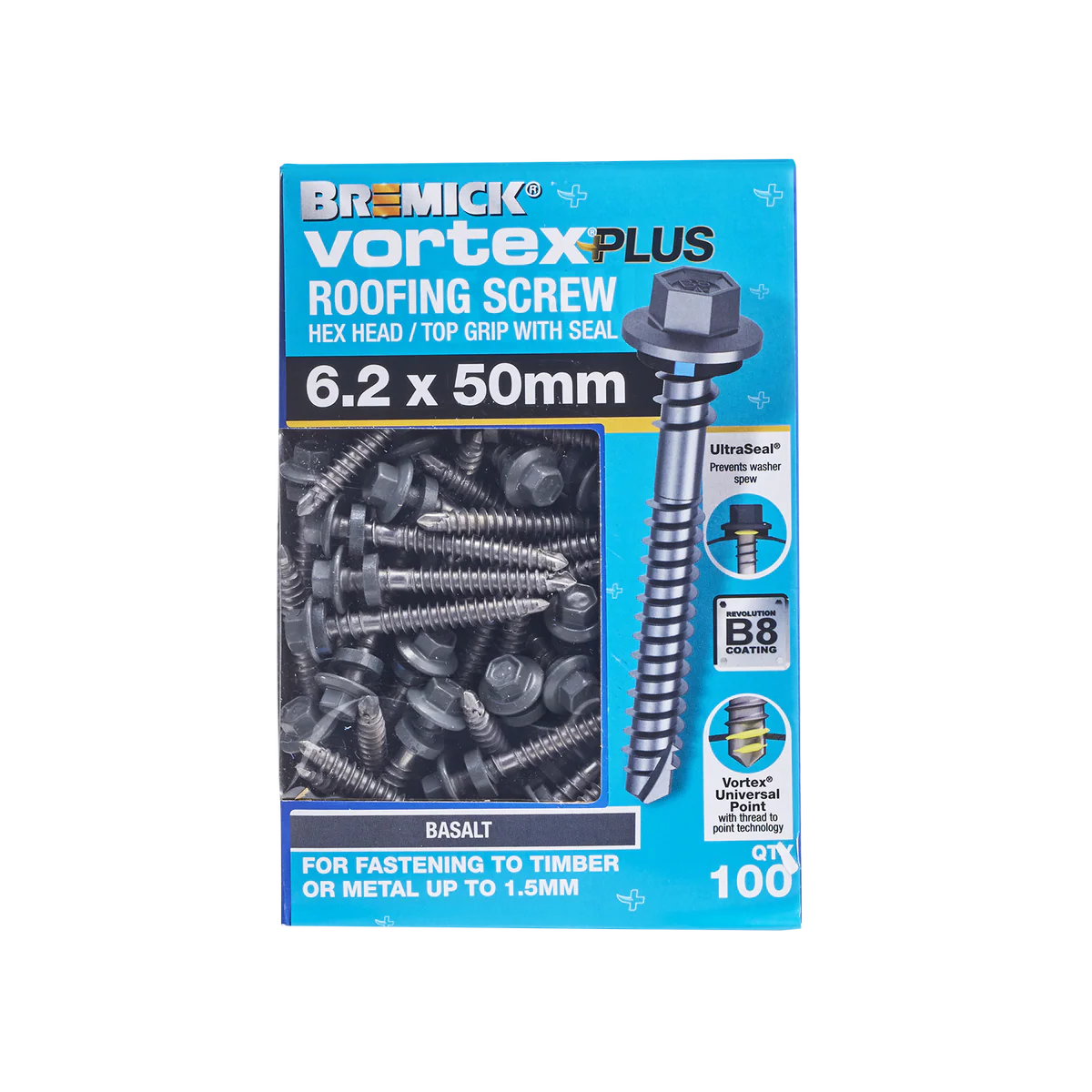Bremick Vortex Plus Roofing Screw 6.2 x 50mm - Hex Head - Box of 100 - Watertight Connection - Image 2