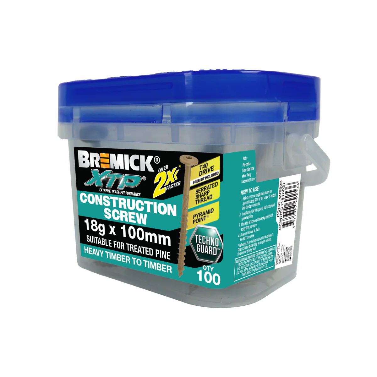 Bremick XTP Construction Screw 18g x 100mm - Technoguard Tan - 100 Pack - T40 Drive - Corrosion Resistant
