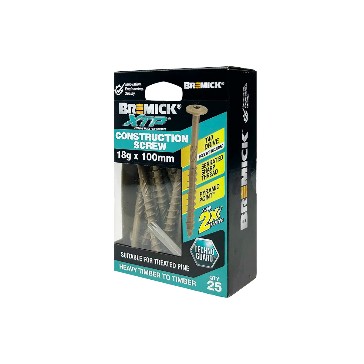 Bremick XTP Construction Screw 18g x 100mm - TechnoGuard Tan - 25 Pack - Serrated Washer Head - Pyramid Point