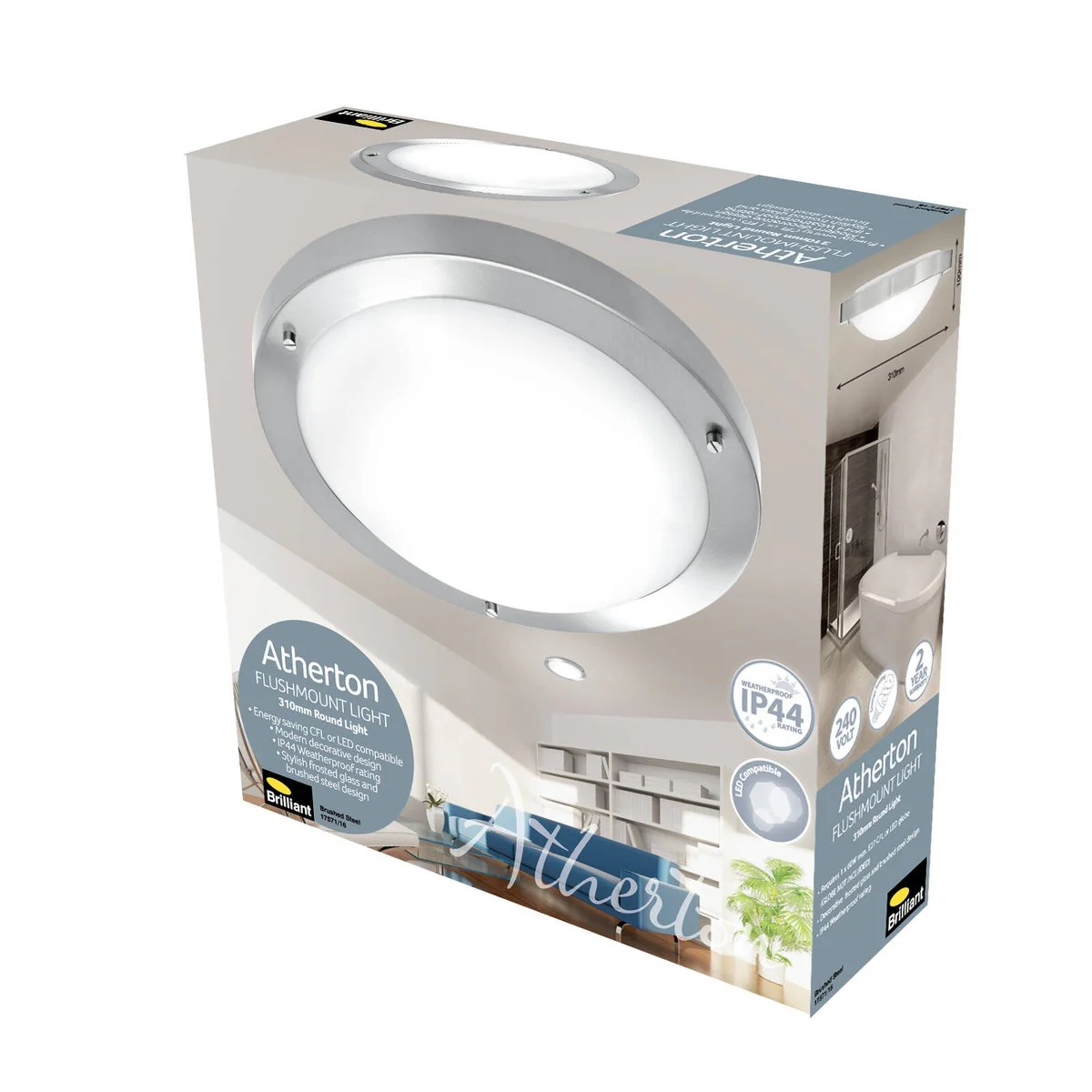 Brilliant Atherton Ceiling Light - 310mm - Brushed Steel - IP44 Rated - Image 5