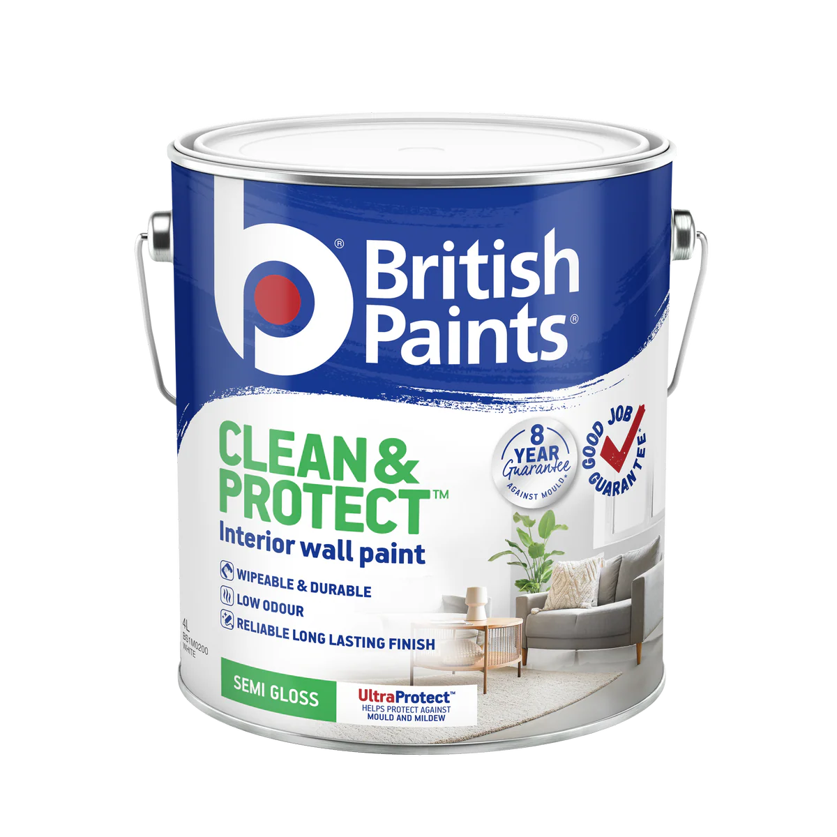 British Paints 4L White Semi Gloss Interior Paint - Clean & Protect - 16 m² Coverage
